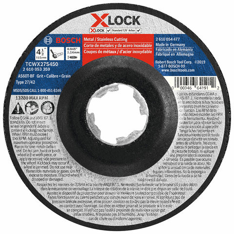Bosch TCWX27S450 Thin Metal & SS Cutting T27 Heavy Duty  4-1/2 x .045", X-Lock, 25 Pack